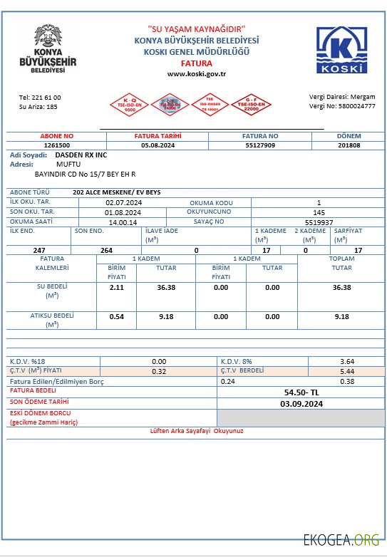 Modèle de facture de services publics d'eau en Turquie aux formats Word et PDF